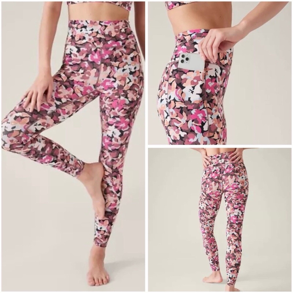 Athleta Women's Transcend Stash Leggings Size XL Elysian Floral Pink Pockets